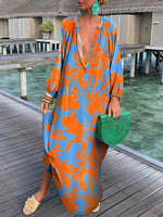 Women’s Boho Print V Neck Long Sleeve Maxi Dress - Klyne Studios