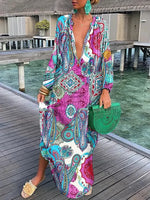 Women’s Boho Print V Neck Long Sleeve Maxi Dress - Klyne Studios
