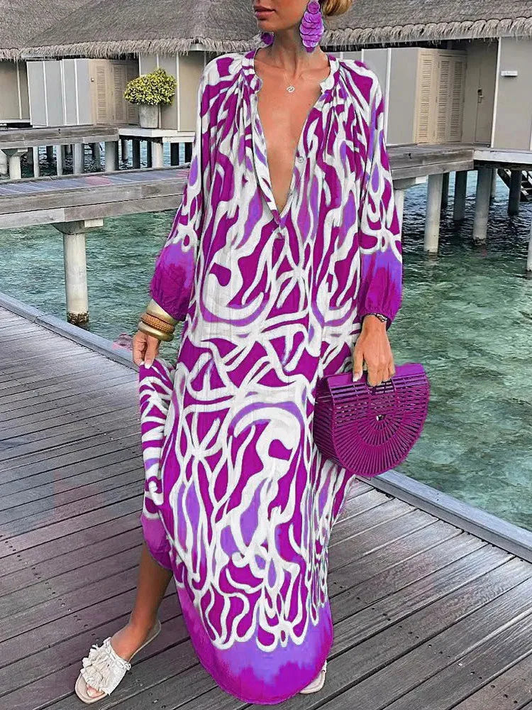 Women’s Boho Print V Neck Long Sleeve Maxi Dress - Klyne Studios