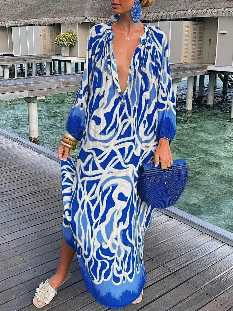 Women’s Boho Print V Neck Long Sleeve Maxi Dress - Klyne Studios