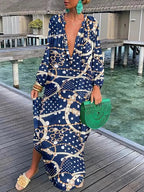Women’s Boho Print V Neck Long Sleeve Maxi Dress - Klyne Studios