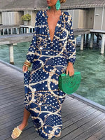 Women’s Boho Print V Neck Long Sleeve Maxi Dress - Klyne Studios