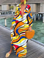 Women’s Boho Print V Neck Long Sleeve Maxi Dress - Klyne Studios