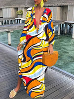 Women’s Boho Print V Neck Long Sleeve Maxi Dress - Klyne Studios