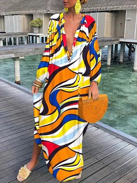 Women’s Boho Print V Neck Long Sleeve Maxi Dress - Klyne Studios