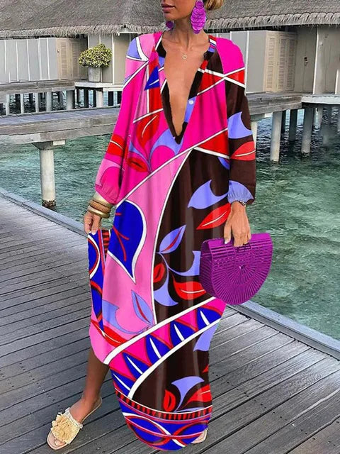 Women’s Boho Print V Neck Long Sleeve Maxi Dress - Klyne Studios
