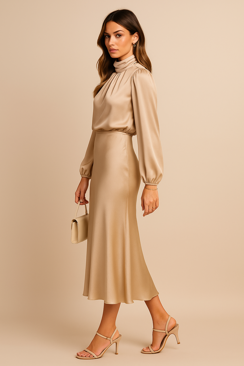 Montleigh | Women’s High Neck Long Sleeve Midi Dress