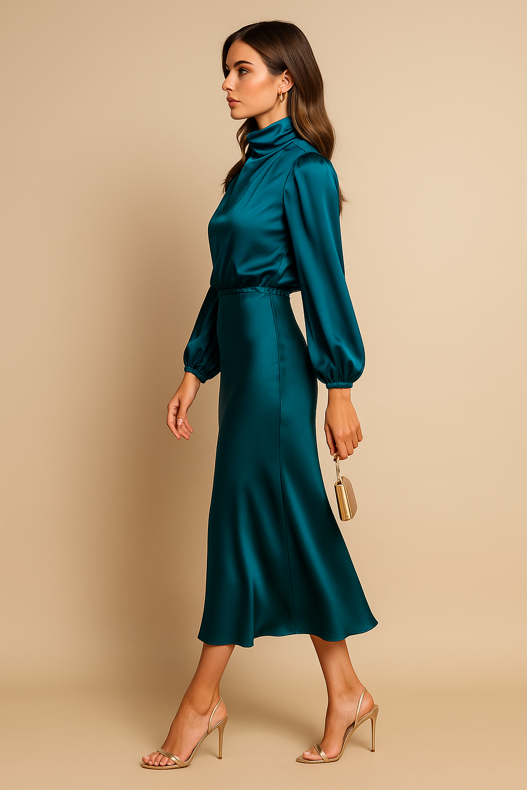 Montleigh | Women’s High Neck Long Sleeve Midi Dress