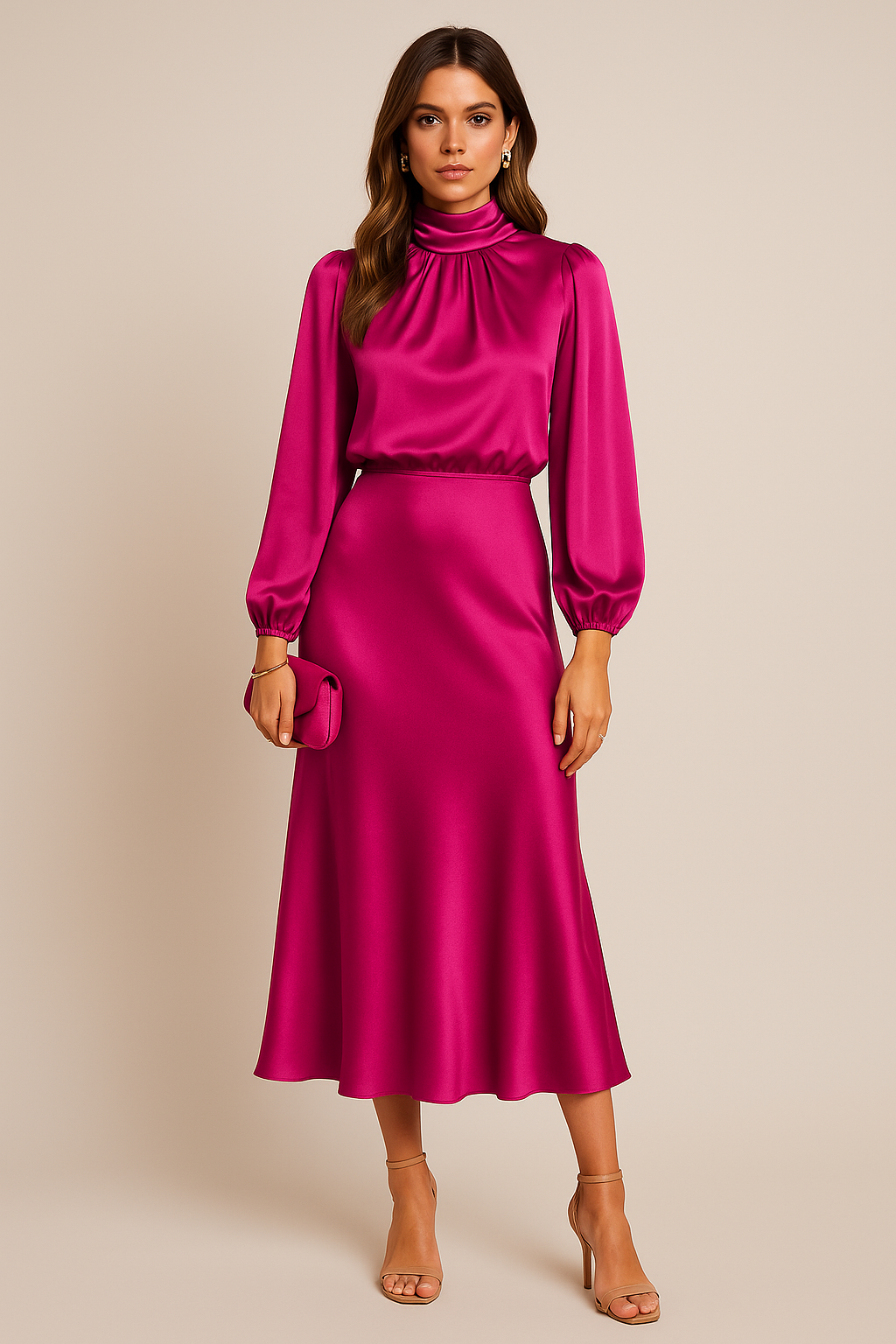 Montleigh | Women’s High Neck Long Sleeve Midi Dress