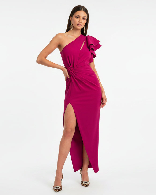 Montleigh | Women’s Sculpting One-Shoulder Midi Dress – Ruffle Detail